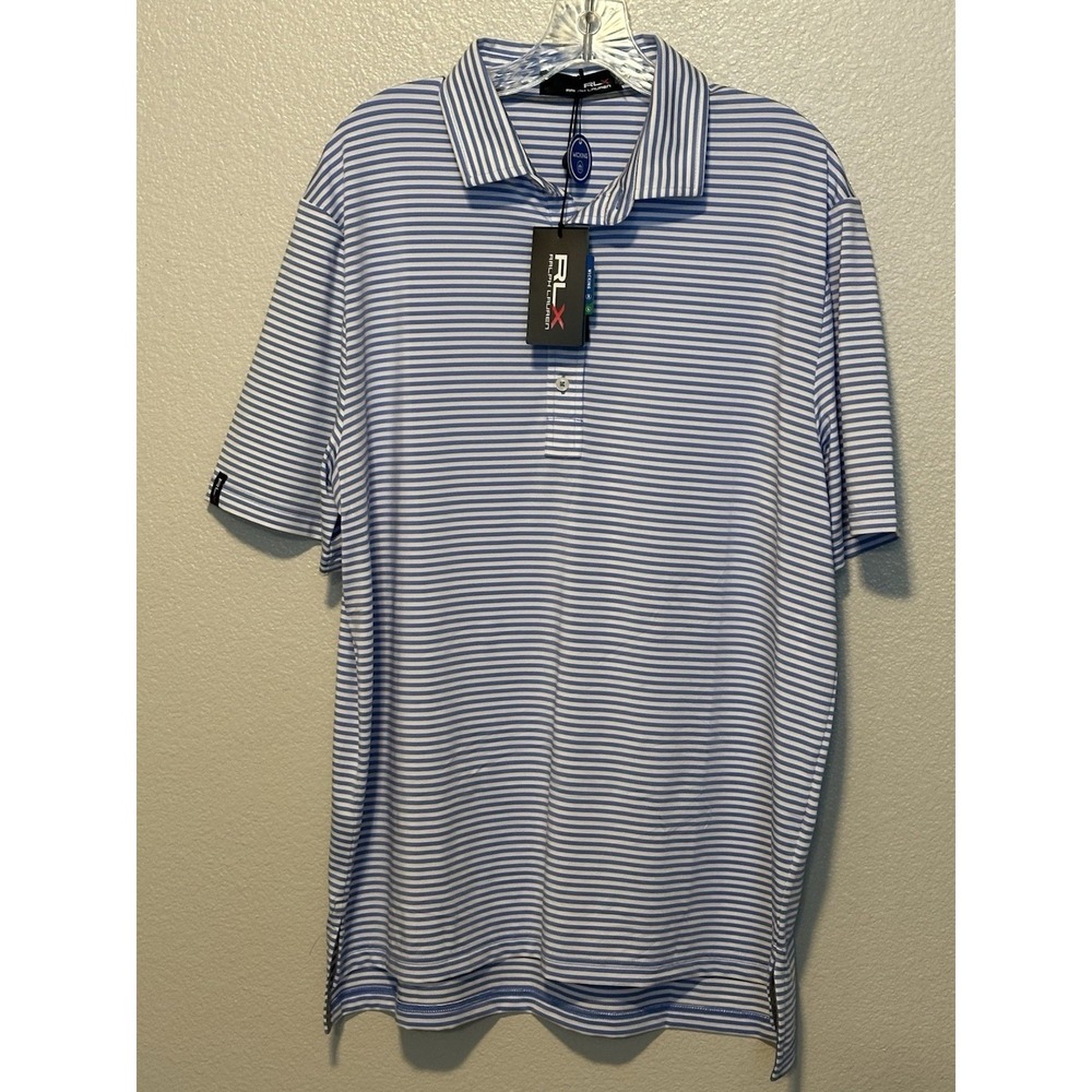RLX Ralph Lauren sz.L Blue White Stripe Short Sleeve Wicking Polo Shirt NWT $95